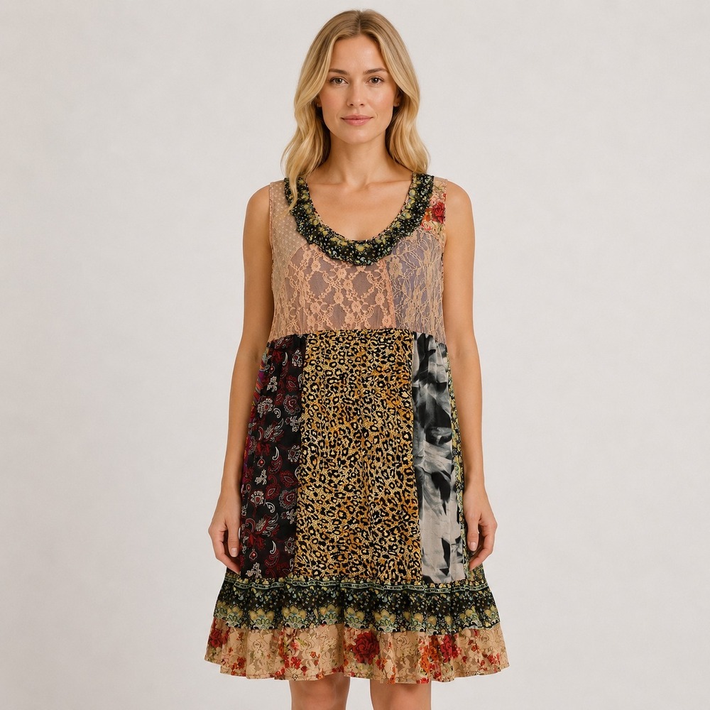 Shop‎ Therapy Patchwork Dress Boho Hippie Festival Tunic Lace Mixed Print SZ M/L